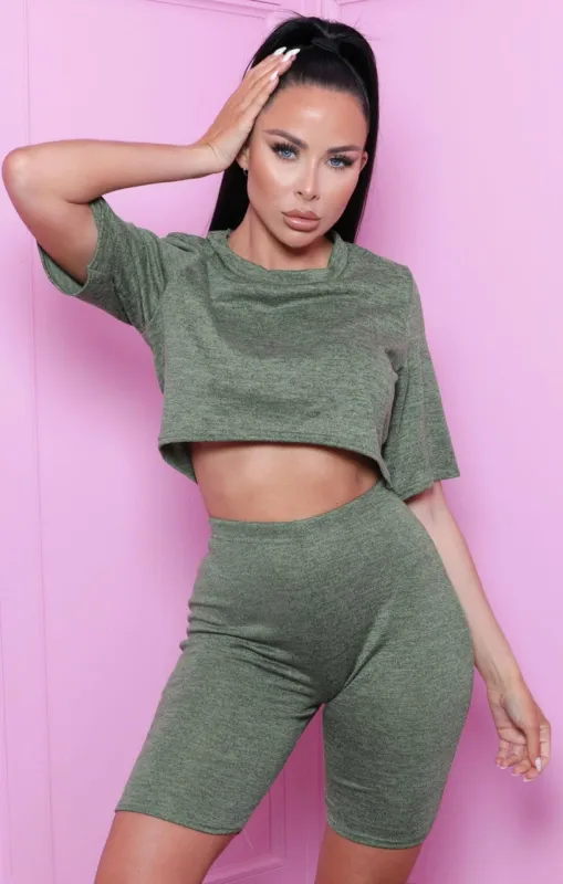 Khaki Cropped Top Cycling Shorts Co-ord - Avery sold by Femme Luxe