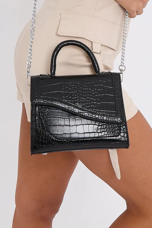 Black Croc Textured PU Faux Leather Mini Grab Bag - Leia sold by Femme Luxe
