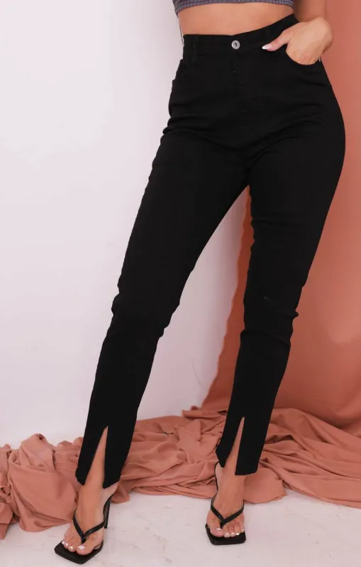 Black Split Front Button Detail High Waisted Skinny Jeans - Gabby sold by Femme Luxe