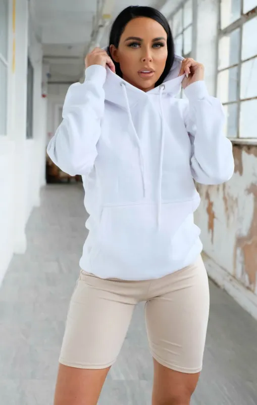 White Oversized Matching Drawstring Rib Cuff & Hem Pocket Hoodie - Melissa sold by Femme Luxe