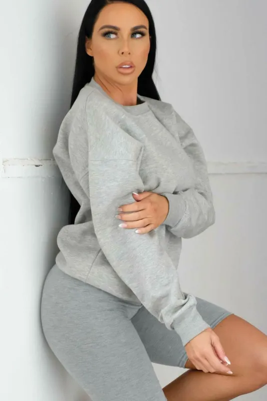 Grey Marl Oversized Crew Neck Rib Cuff & Hem Long Sleeve Sweatshirt - Melanie sold by Femme Luxe