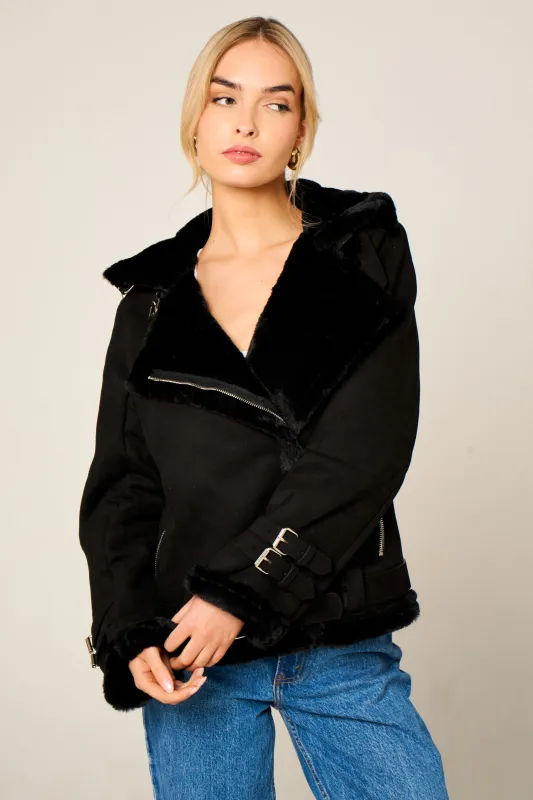 Black Faux Suede Aviator Jacket - Skylar sold by Femme Luxe