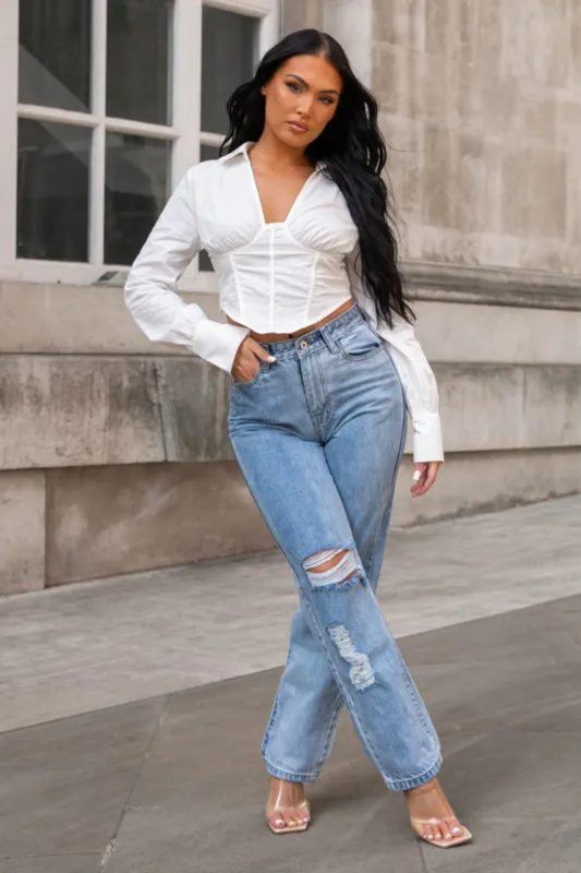 Blue Light Wash Distressed Denim Mom Jeans – Eve sold by Femme Luxe