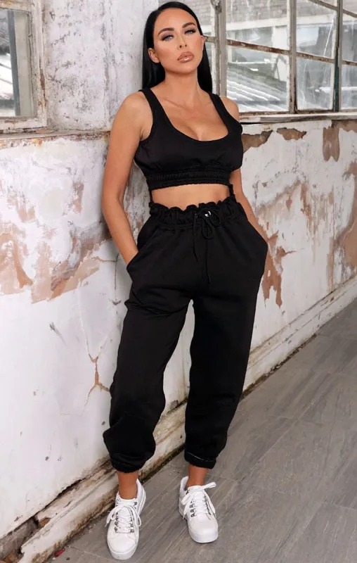 Black Oversized Sleeveless Crop Top & Drawstring Waist Joggers Co-ord - Alisha sold by Femme Luxe