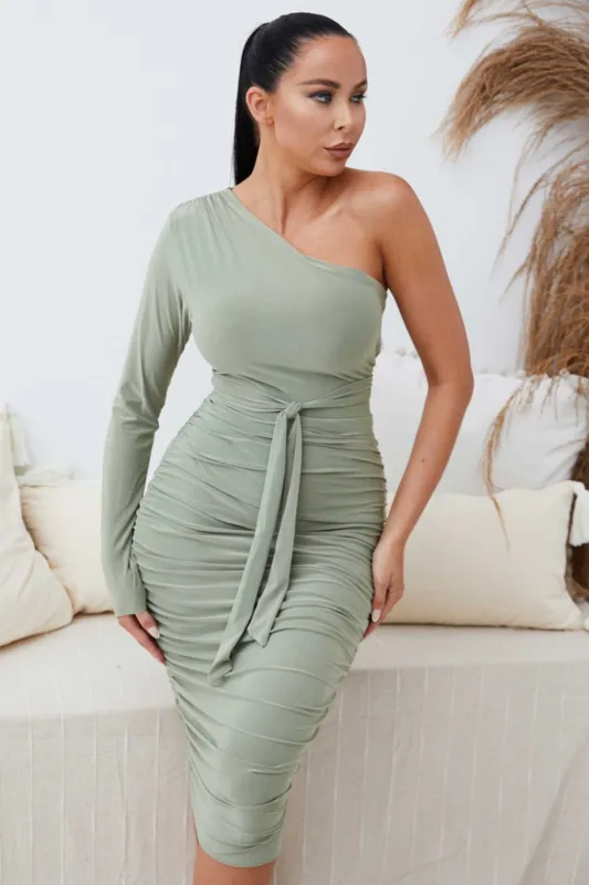 Sage One Shoulder Ruched Slinky Midi Dress - Savannah sold by Femme Luxe