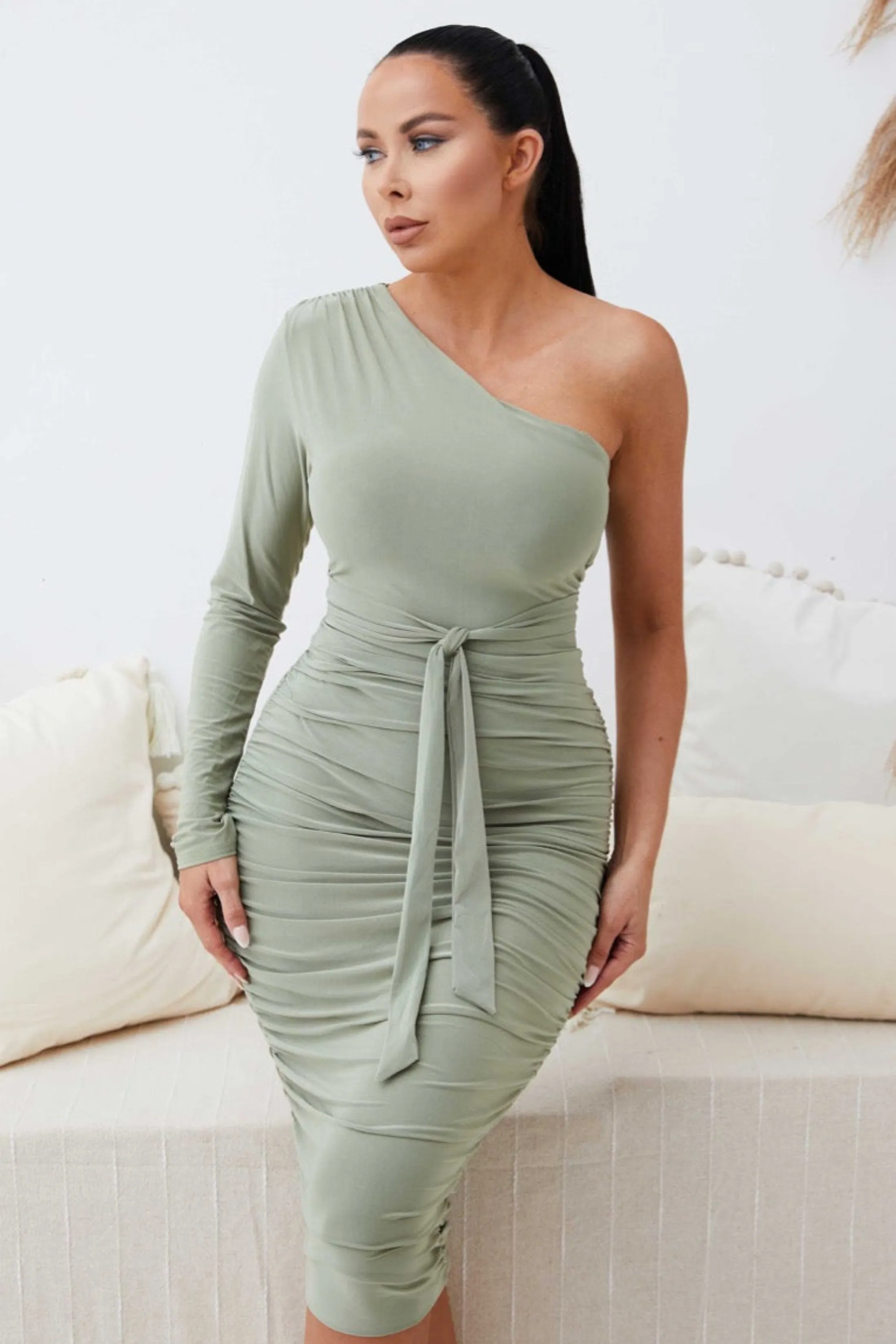 Sage One Shoulder Ruched Slinky Midi Dress - Savannah sold by Femme Luxe product image thumbnail 2