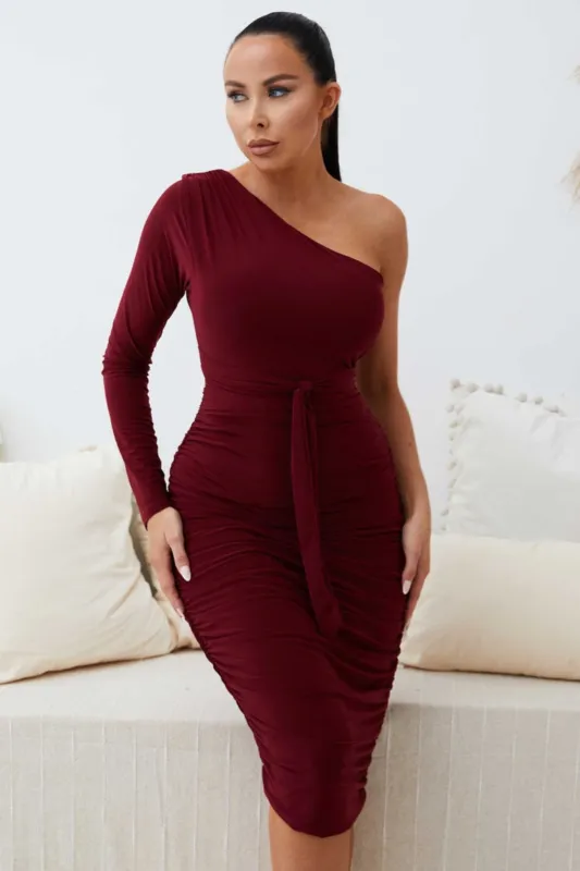 Wine One Shoulder Ruched Slinky Midi Dress - Savannah sold by Femme Luxe