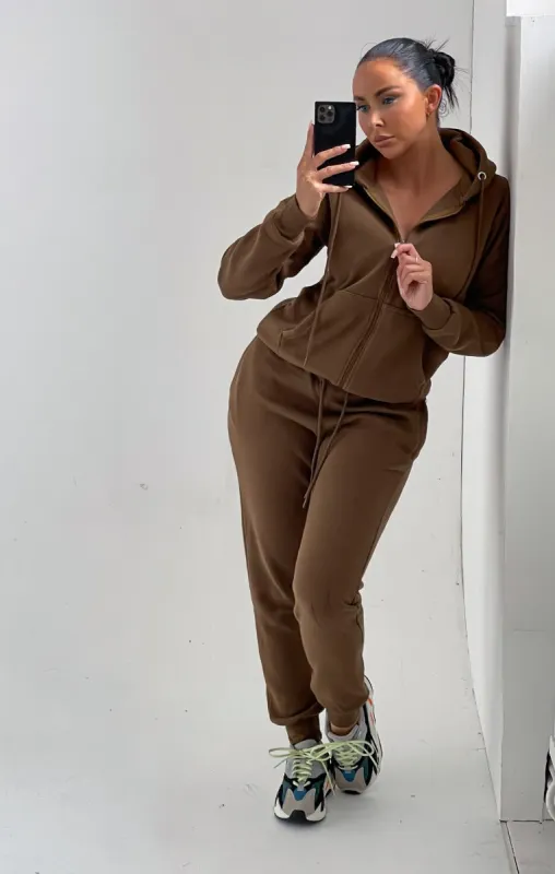 Khaki Zip Up Hoodie Cuffed Joggers Loungewear Set - Sibyl sold by Femme Luxe