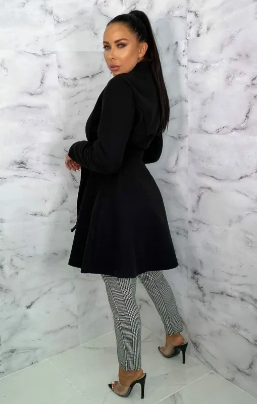 Black Belted Mini Long Sleeve Coat - Lesley sold by Femme Luxe