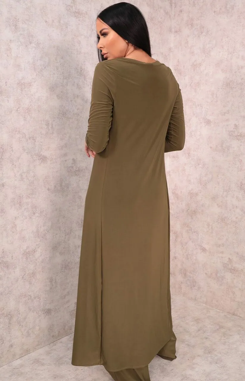 Khaki Slinky Long Line Kimono - Kelsey sold by Femme Luxe product image thumbnail 4