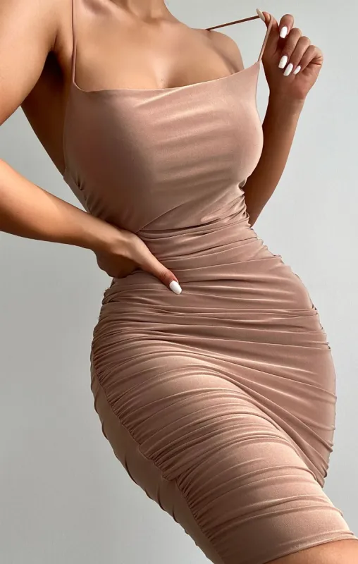 Camel Ruched Midi Bodycon Dress - Taylor sold by Femme Luxe