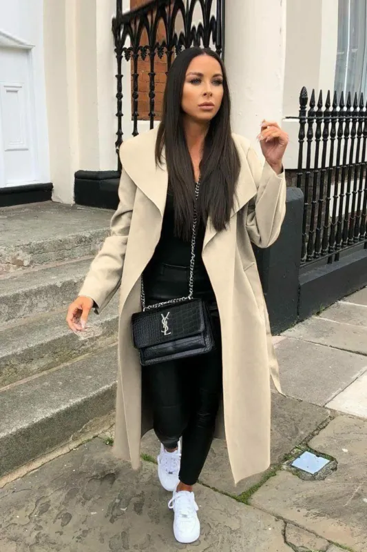 Beige Waterfall Duster Belted Long Coat - Pola sold by Femme Luxe