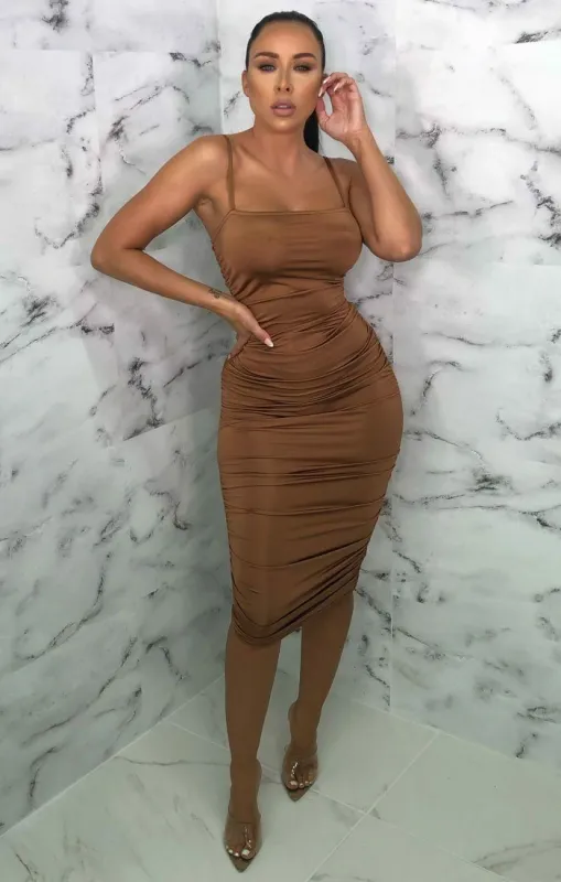 Camel Slinky Ruched Thin Strap Midi Dress - Vienna sold by Femme Luxe