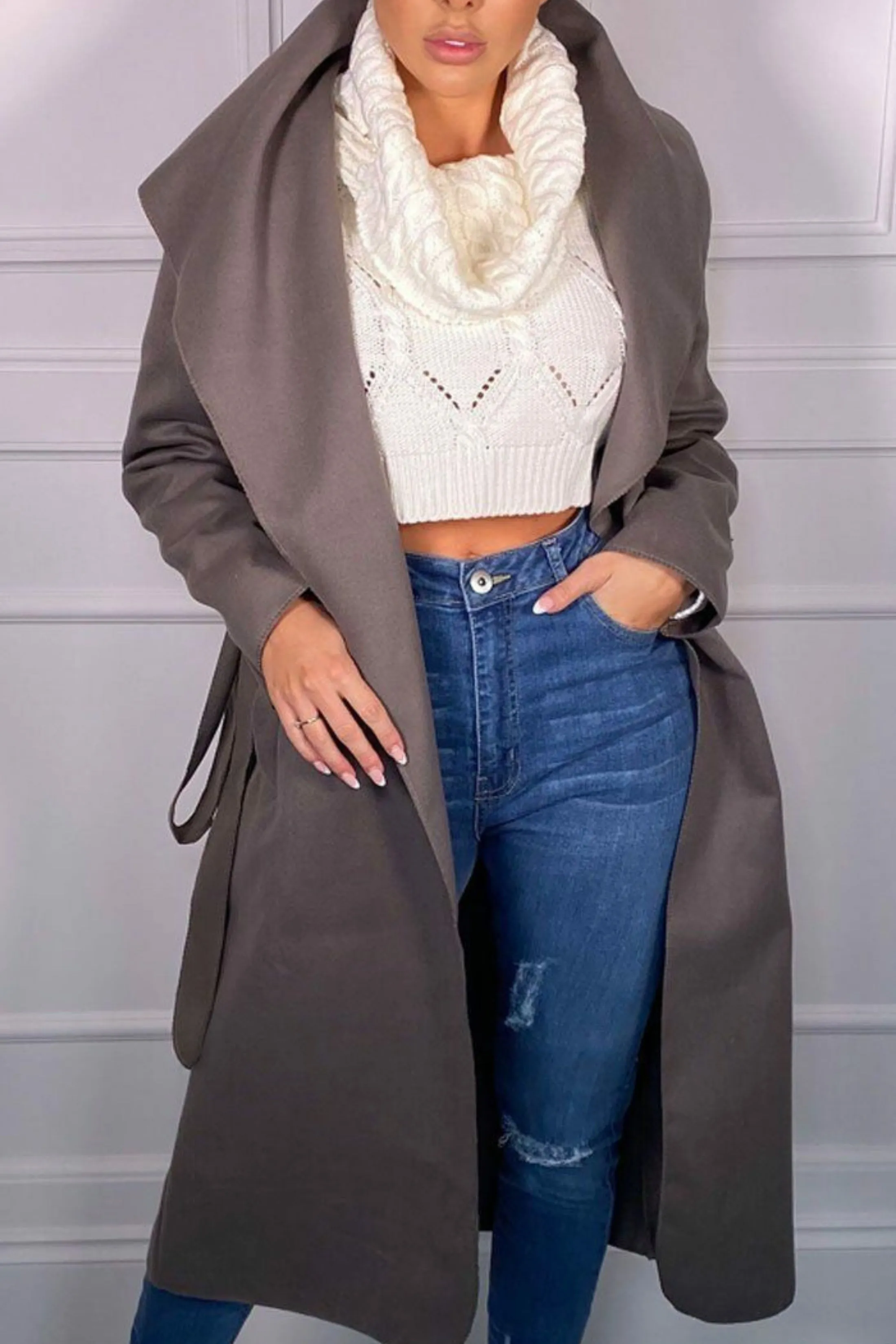 Charcoal Waterfall Duster Belted Long Coat - Pola sold by Femme Luxe product image thumbnail 2