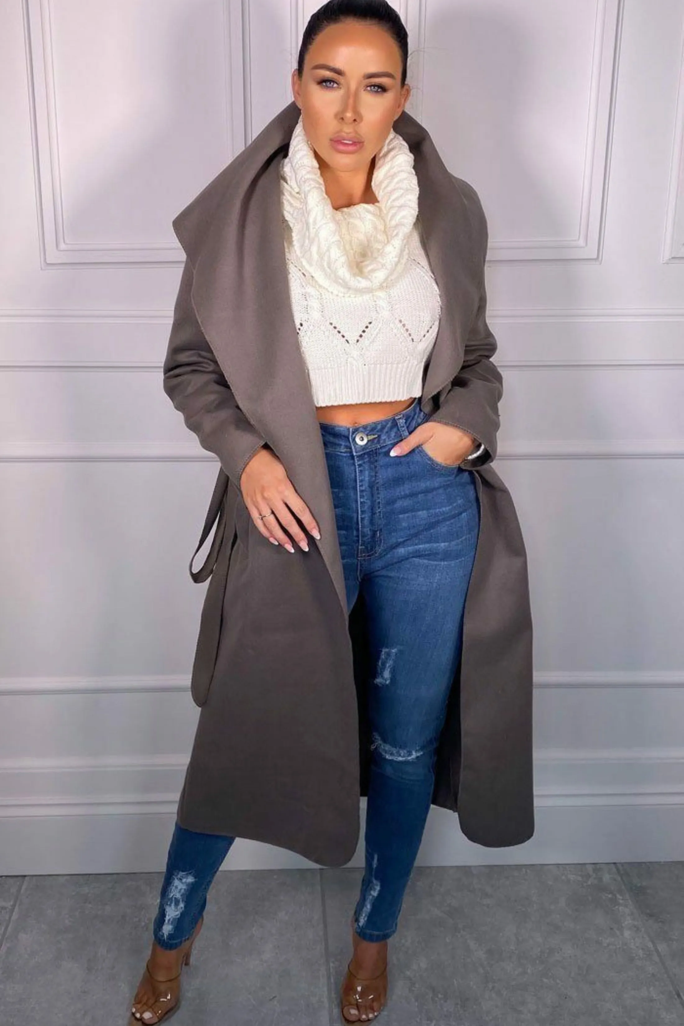 Charcoal Waterfall Duster Belted Long Coat - Pola sold by Femme Luxe product image thumbnail 4