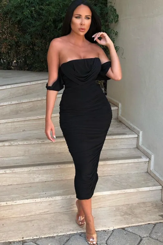 Black Bardot Cowl Neck Ruched Midi Dress - Malia sold by Femme Luxe