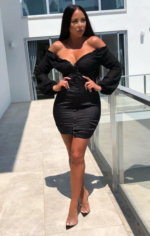 Black Satin Mesh Long Sleeve Bardot Mesh Mini Dress - Collins sold by Femme Luxe