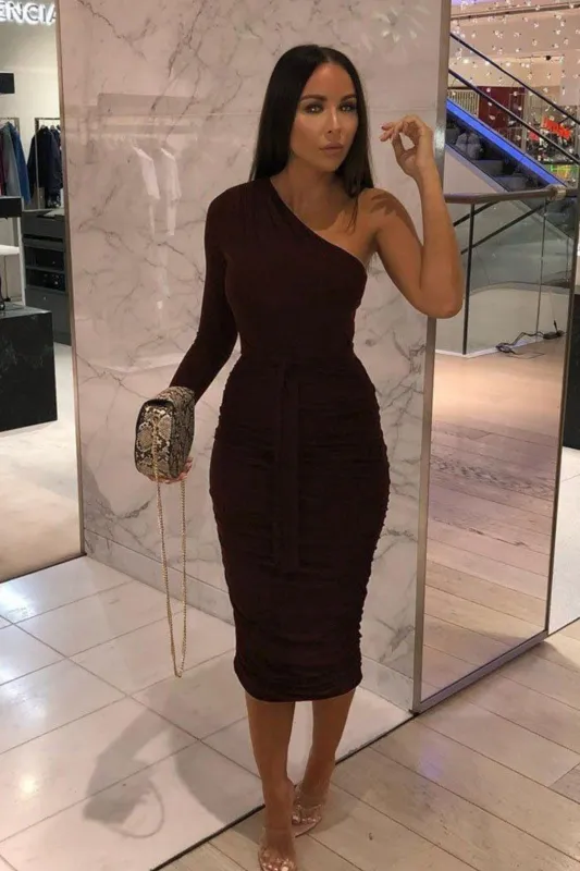 Brown One Shoulder Ruched Slinky Midi Dress - Savannah sold by Femme Luxe