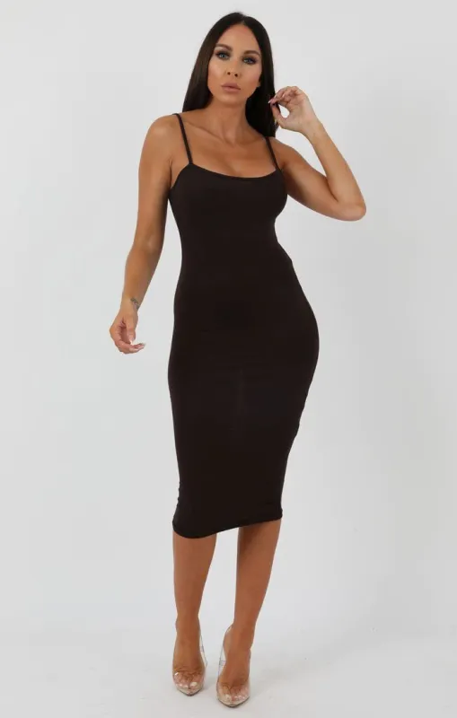 Brown Strappy Bodycon Midi Dress - Poppy sold by Femme Luxe