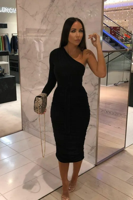 Black One Shoulder Ruched Slinky Midi Dress - Savannah sold by Femme Luxe