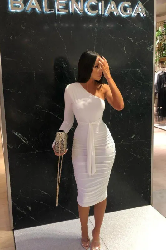 White One Shoulder Ruched Slinky Midi Dress - Savannah sold by Femme Luxe