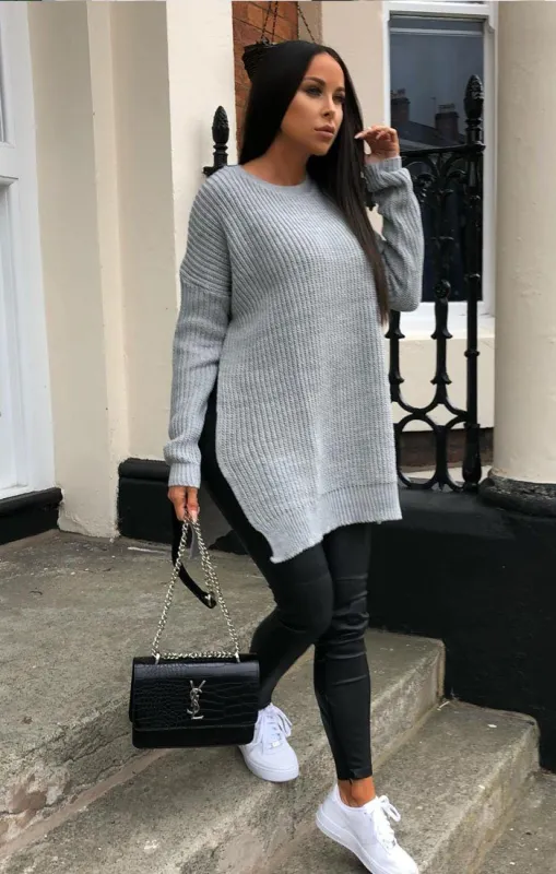 Grey Oversized Split Side Knitted Jumper - Lore sold by Femme Luxe