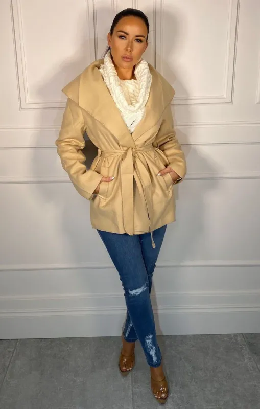 Beige Waterfall Belted Coat - Daya sold by Femme Luxe