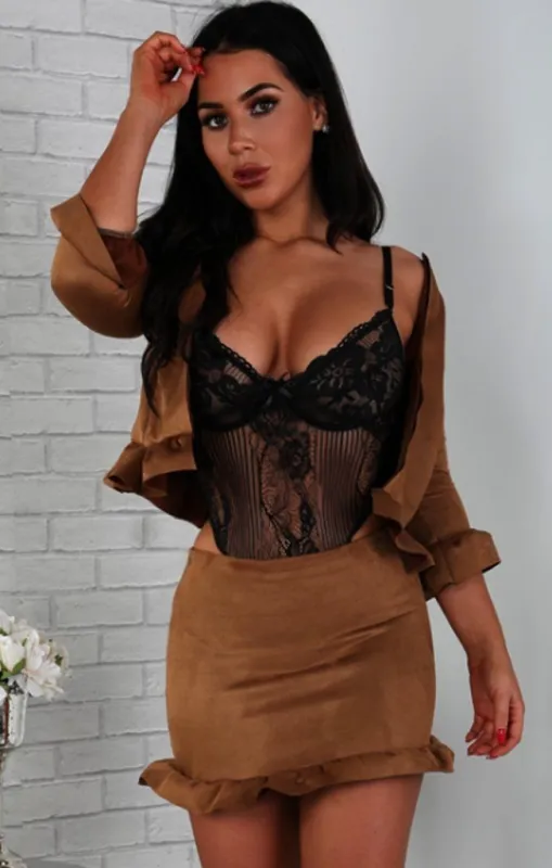 Camel Suede Frill Hem Mini High Waist Skirt- Delphine sold by Femme Luxe