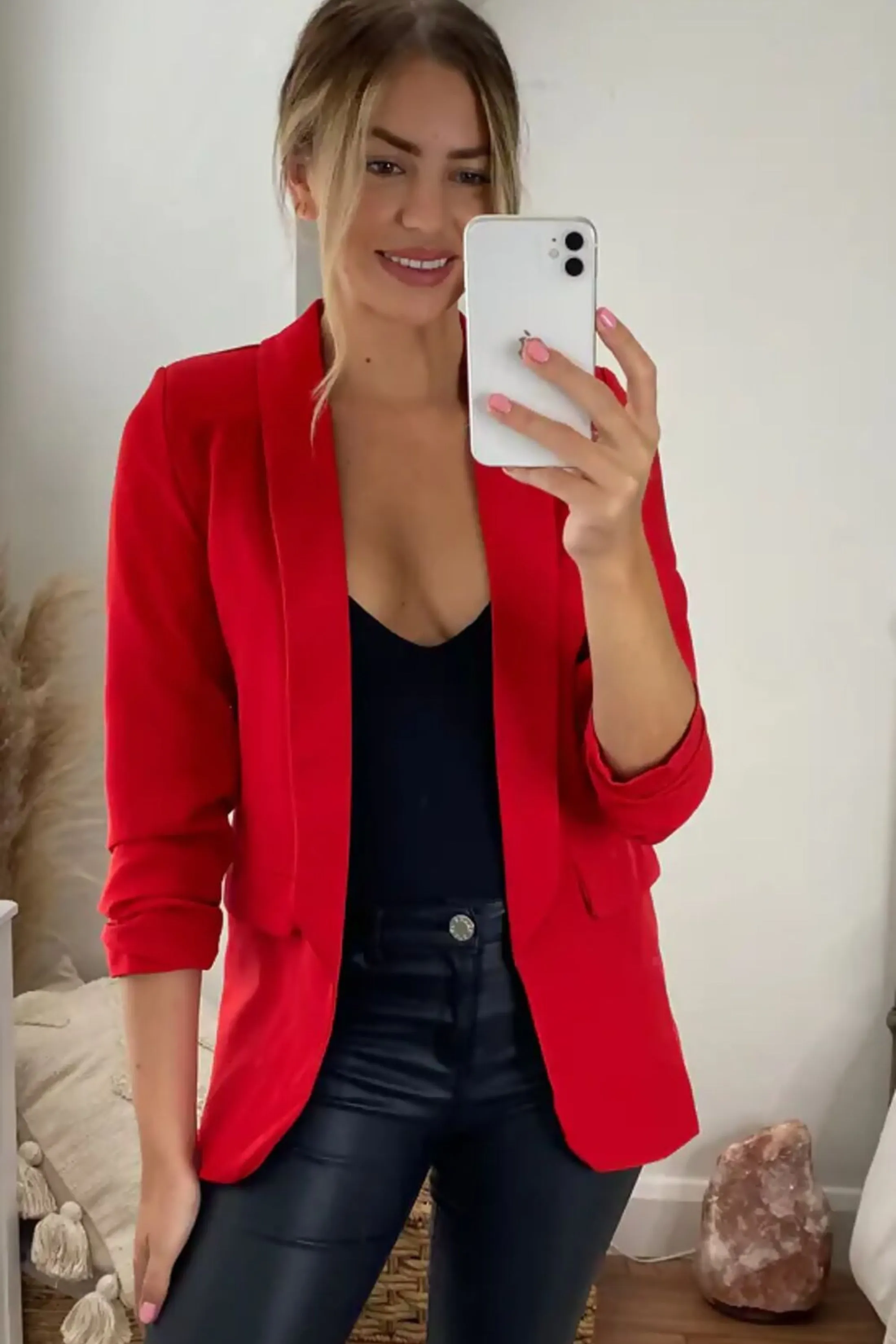 Red Long Sleeve Pocket Blazer - Tenely sold by Femme Luxe