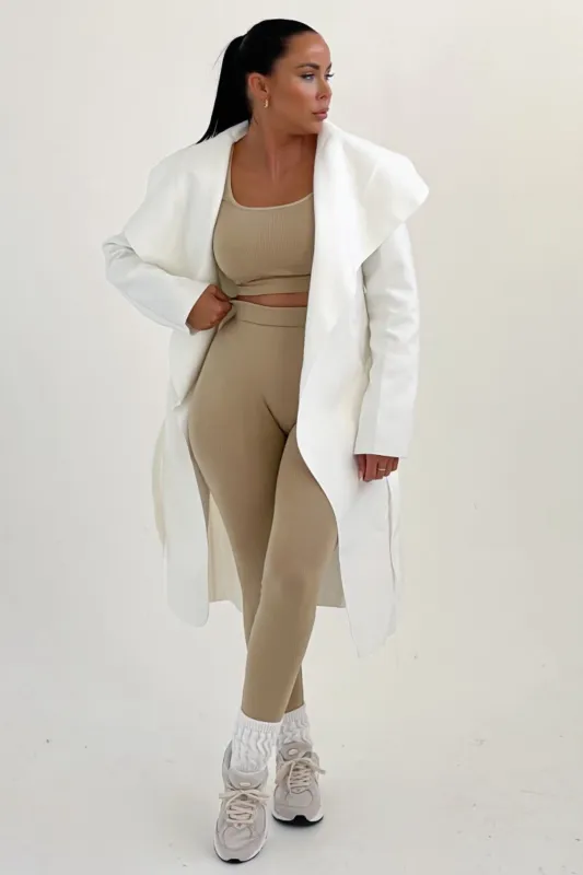Off White Waterfall Duster Belted Long Coat - Pola made by Femme Luxe
