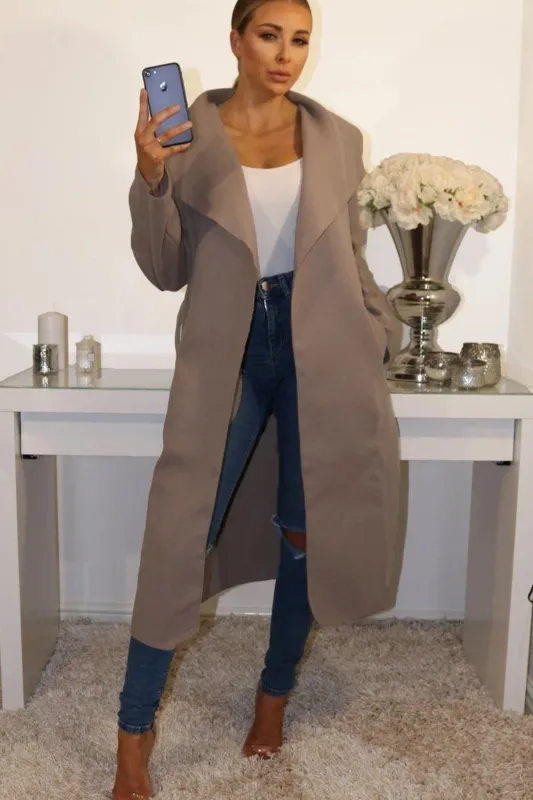 Mocha Waterfall Duster Belted Long Coat - Pola made by Femme Luxe