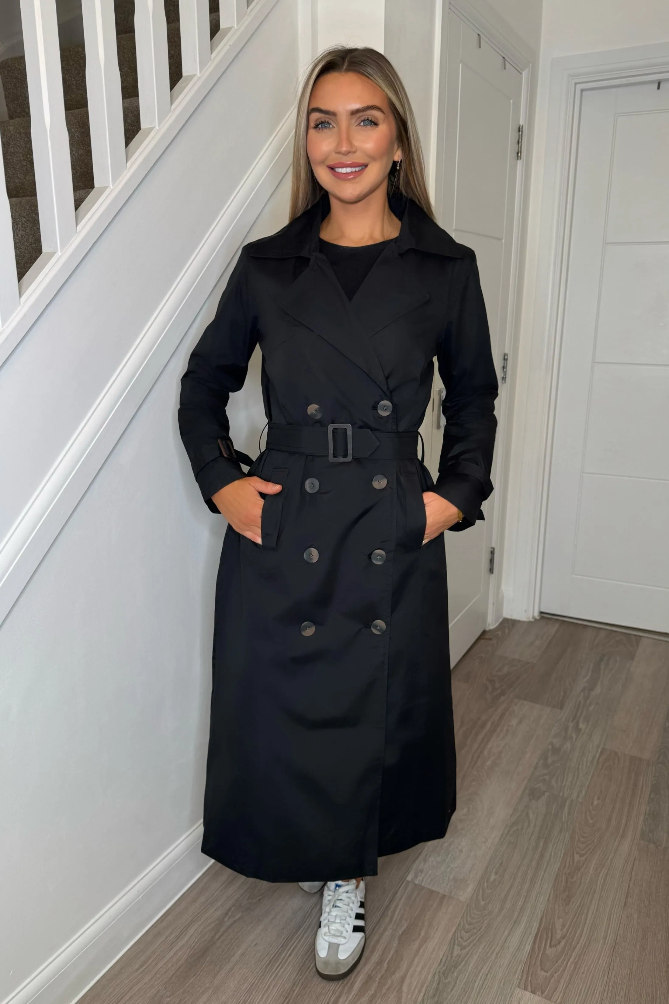 Black Double Breasted Longline Trench Coat - Evie sold by Femme Luxe product image thumbnail 4