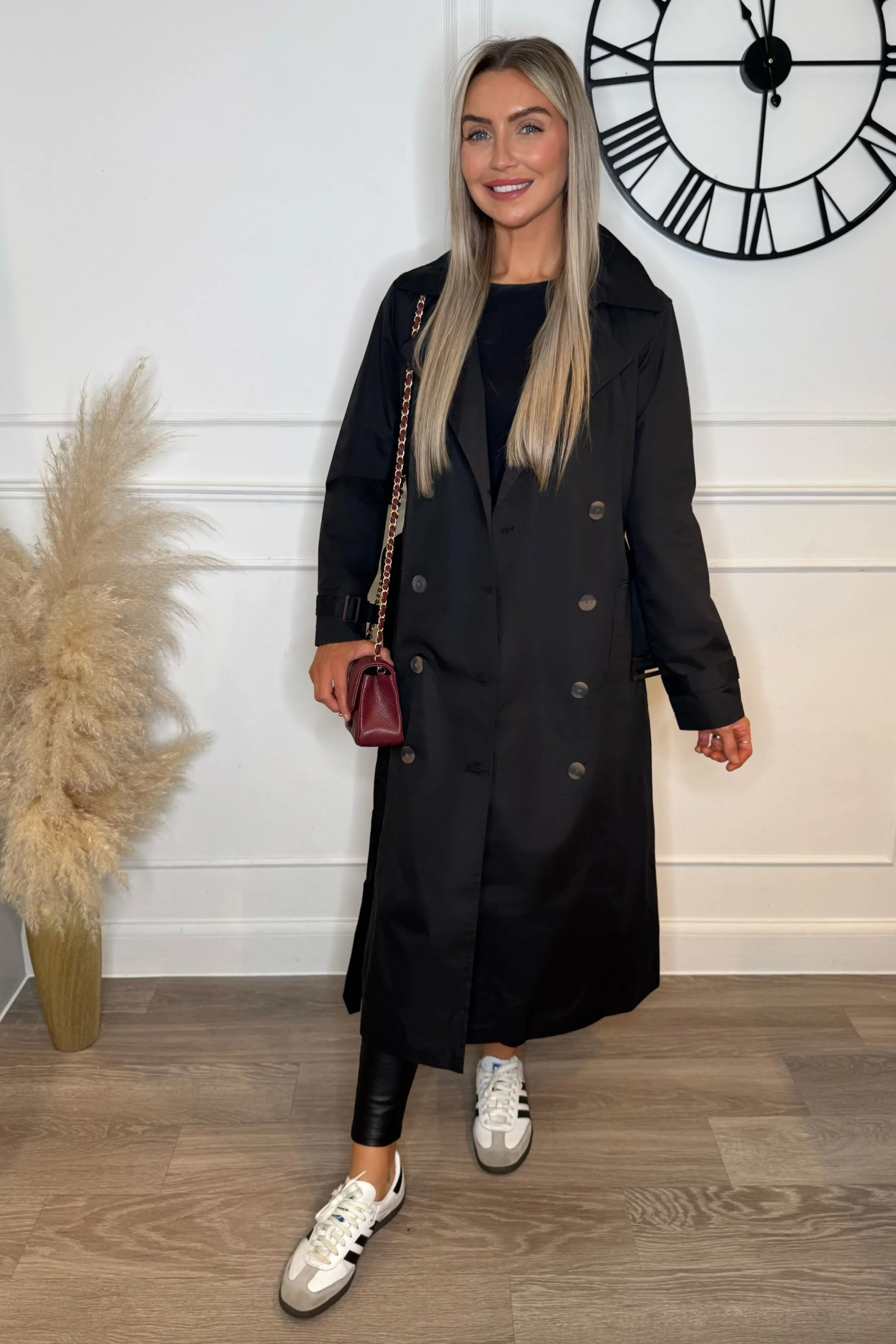 Black Double Breasted Longline Trench Coat - Evie sold by Femme Luxe product image thumbnail 2