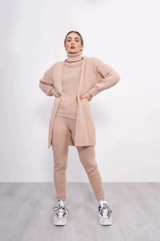 Dusty Pink Ribbed Knitted 3 Piece Loungewear Set-Jinet made by Femme Luxe