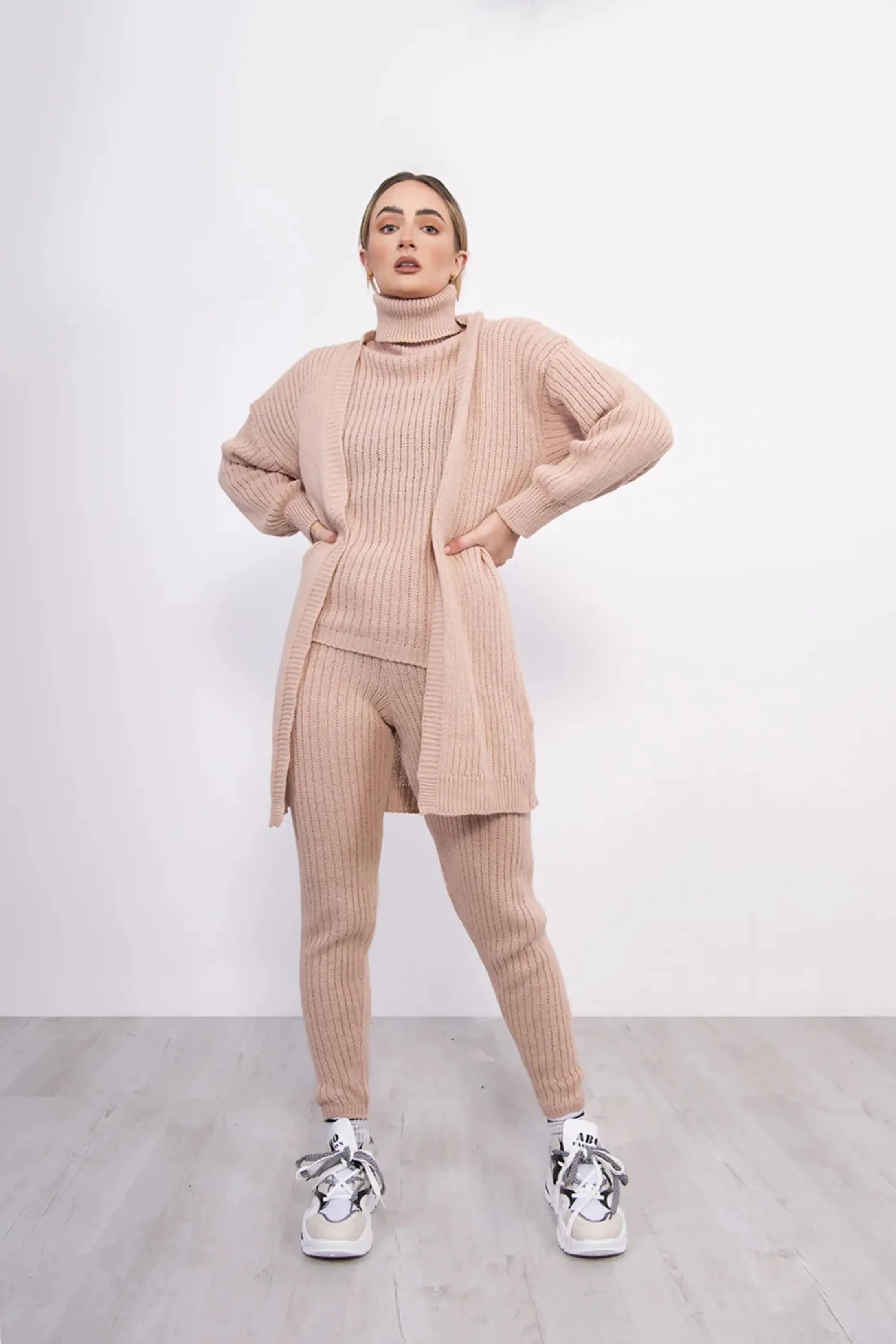 Dusty Pink Ribbed Knitted 3 Piece Loungewear Set-Jinet sold by Femme Luxe