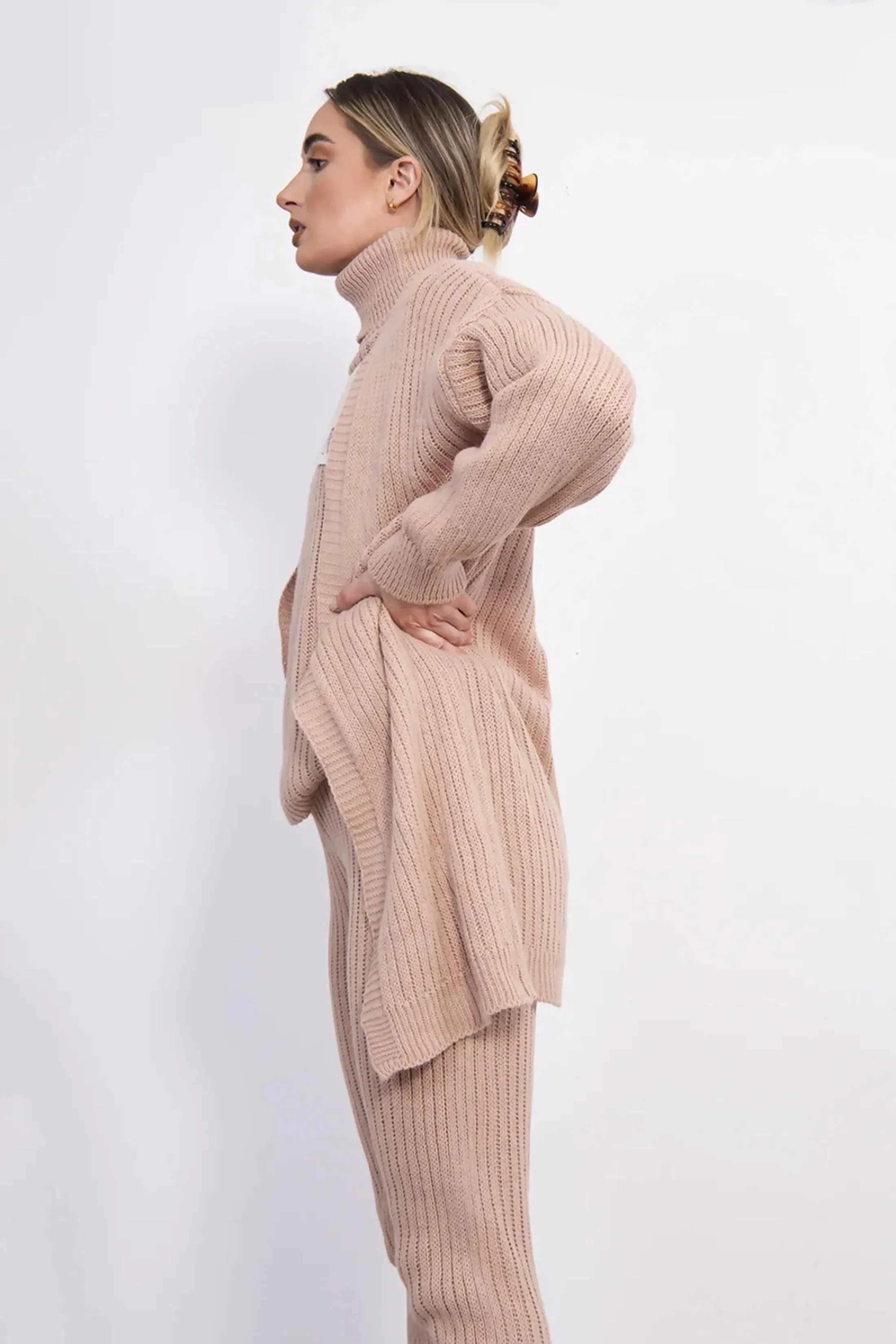 Dusty Pink Ribbed Knitted 3 Piece Loungewear Set-Jinet sold by Femme Luxe product image thumbnail 4
