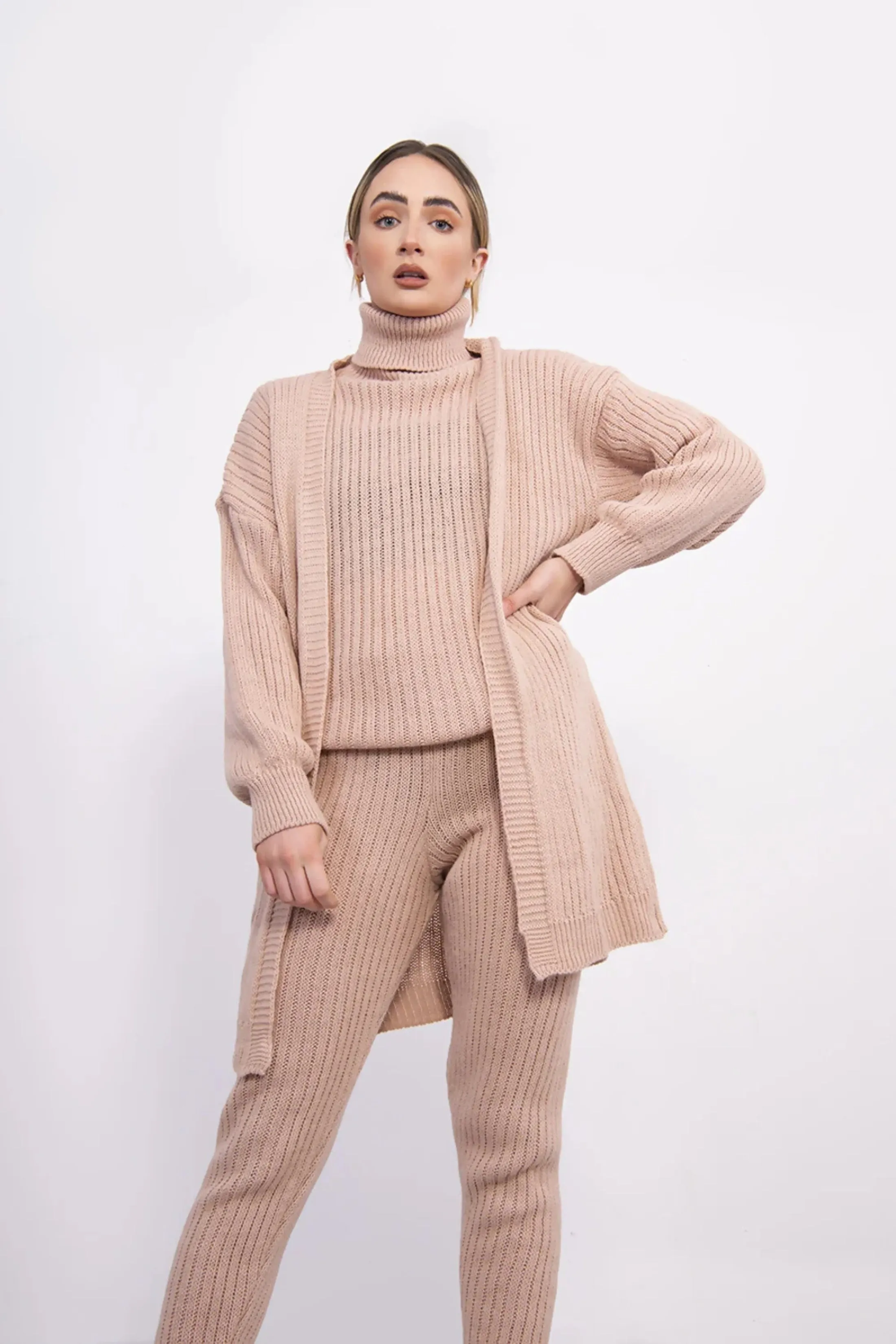 Dusty Pink Ribbed Knitted 3 Piece Loungewear Set-Jinet sold by Femme Luxe product image thumbnail 3