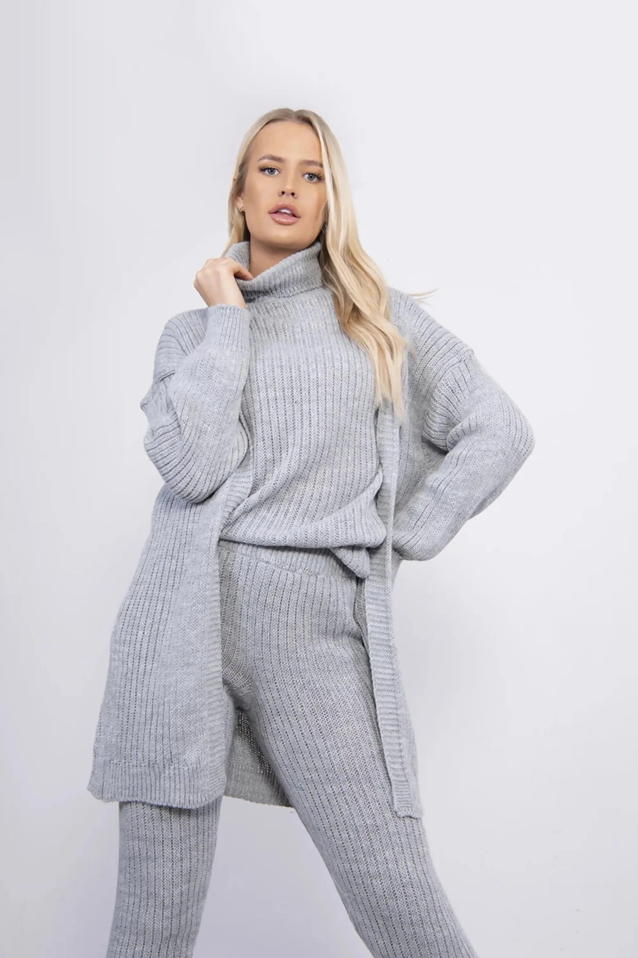 Grey Ribbed Knitted 3 Piece Loungewear Set-Jinet sold by Femme Luxe product image thumbnail 2