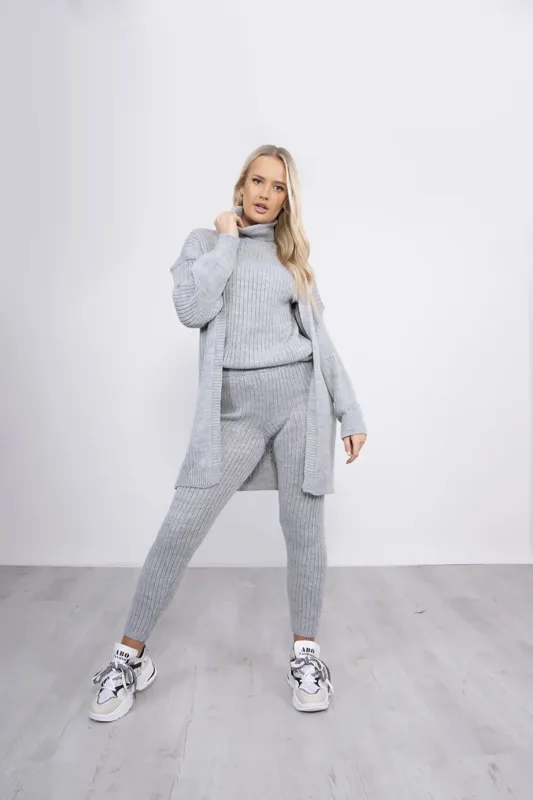 Grey Ribbed Knitted 3 Piece Loungewear Set-Jinet made by Femme Luxe