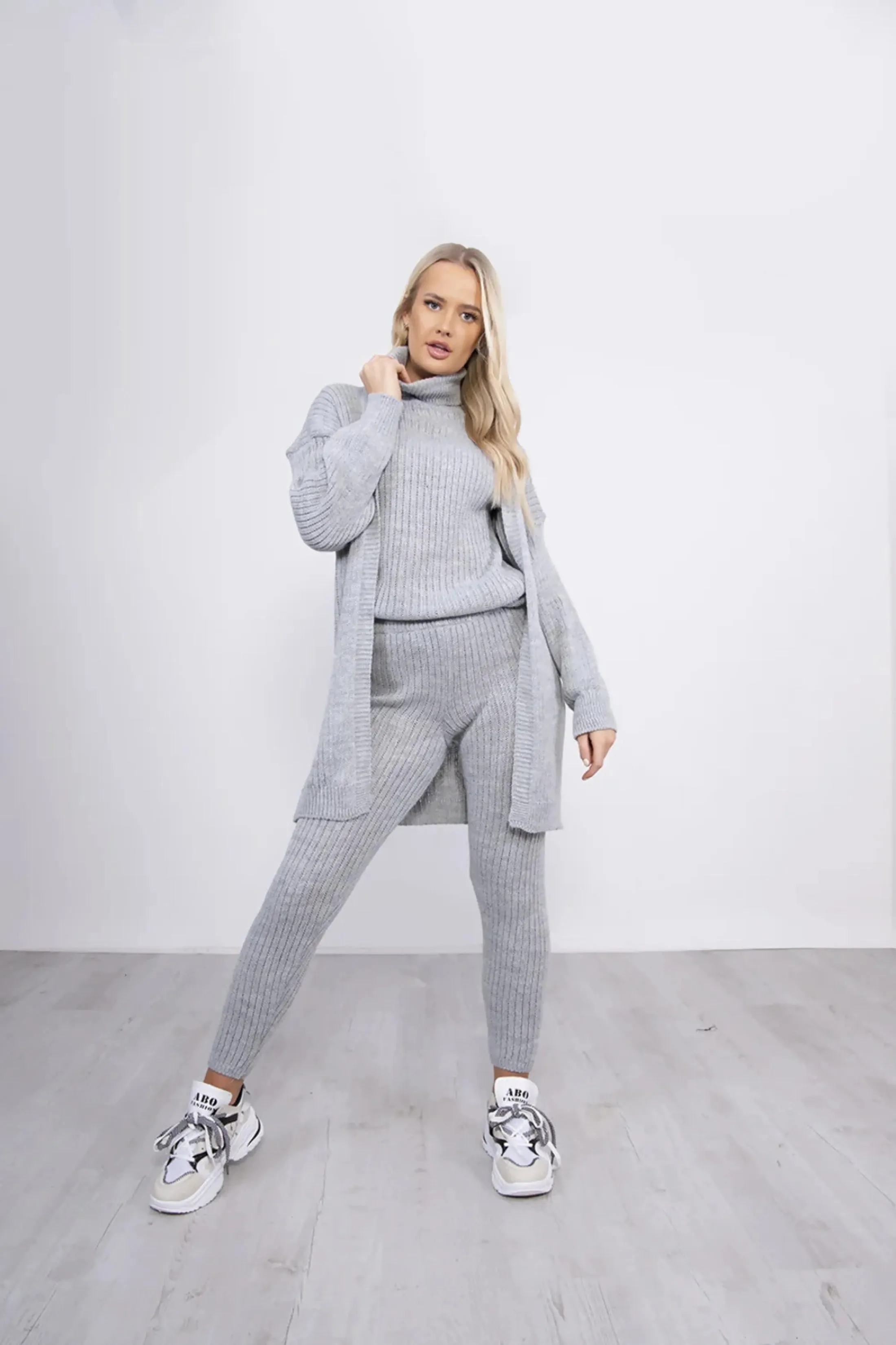 Grey Ribbed Knitted 3 Piece Loungewear Set-Jinet sold by Femme Luxe