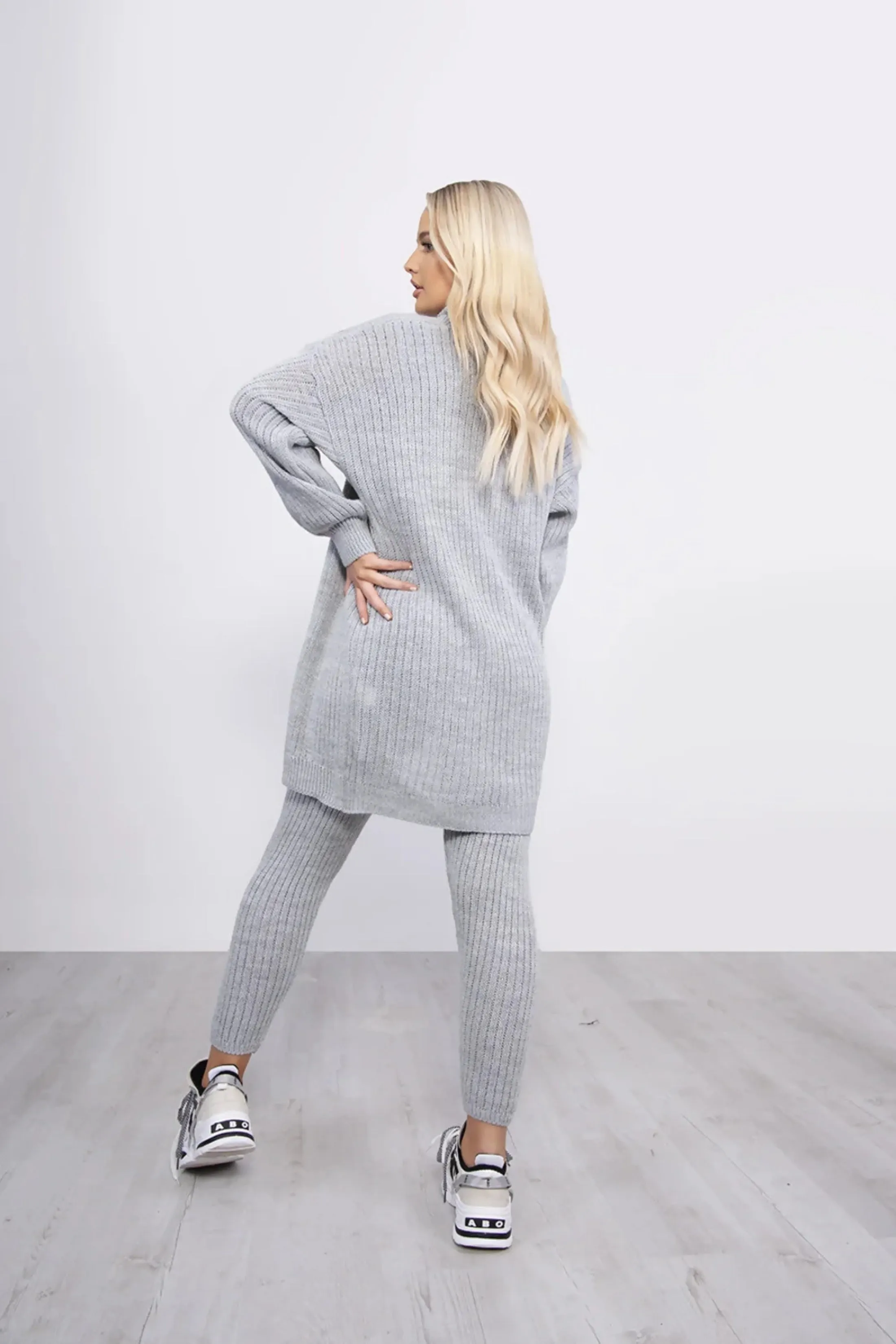 Grey Ribbed Knitted 3 Piece Loungewear Set-Jinet sold by Femme Luxe product image thumbnail 4