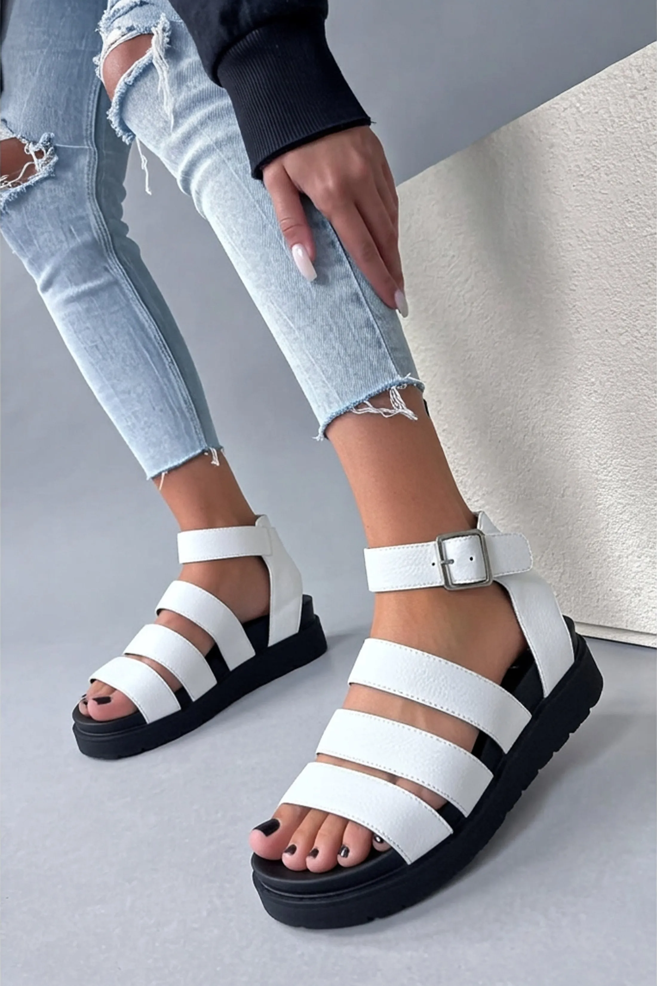 White Gladiator Style Flat Sandals - Zarina sold by Femme Luxe