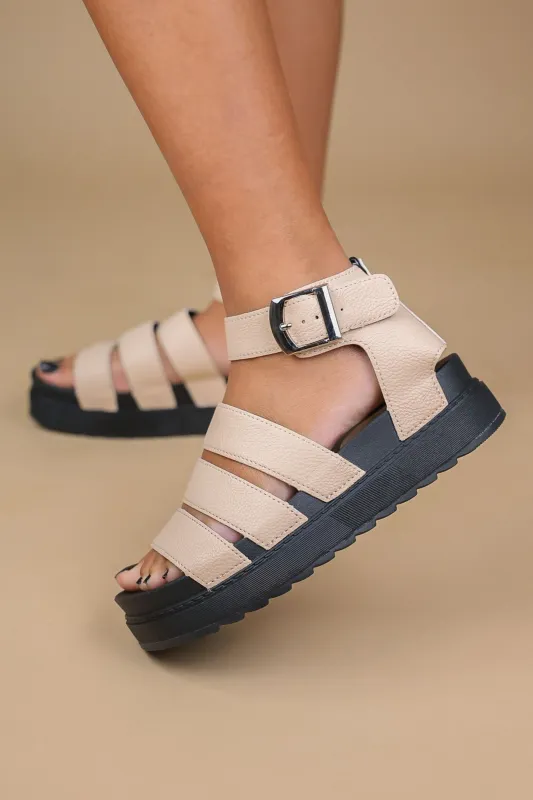 Beige Gladiator Style Flat Sandals - Zarina sold by Femme Luxe