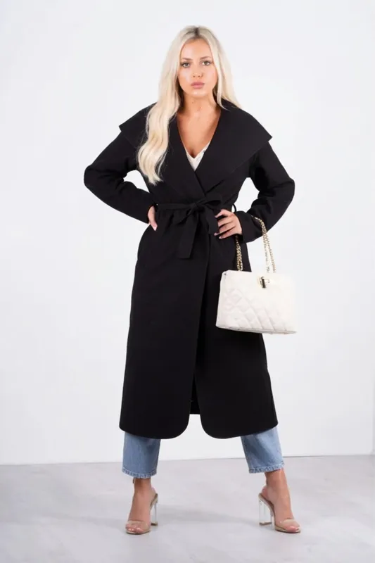 Black Waterfall Draped Duster Maxi Coat - Danira sold by Femme Luxe