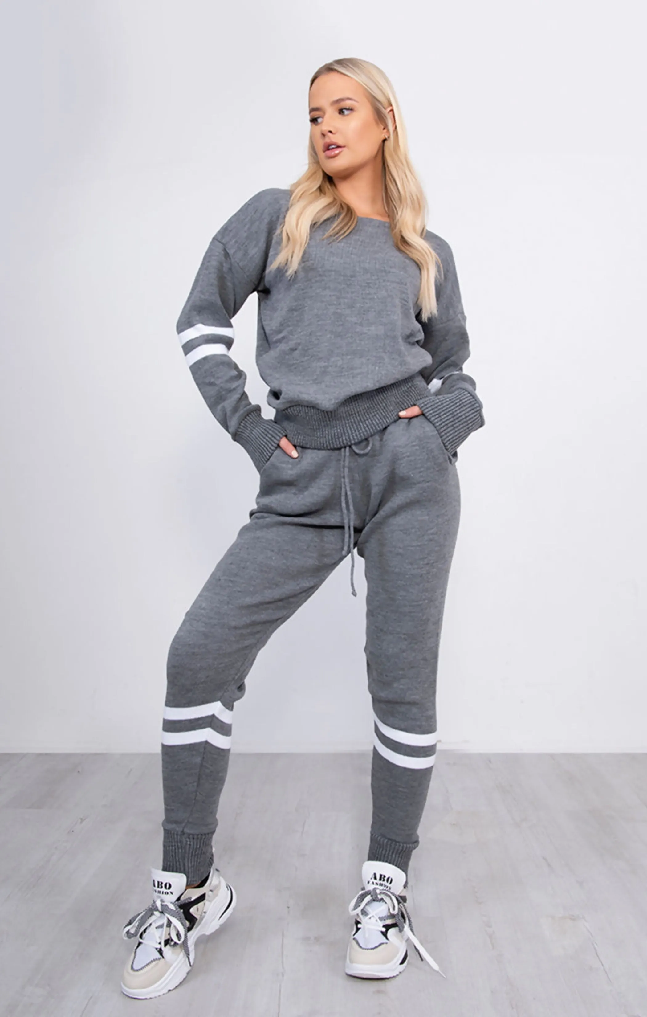 Charcoal Stripe Detail Knitted Loungewear Set – Mila sold by Femme Luxe product image thumbnail 2