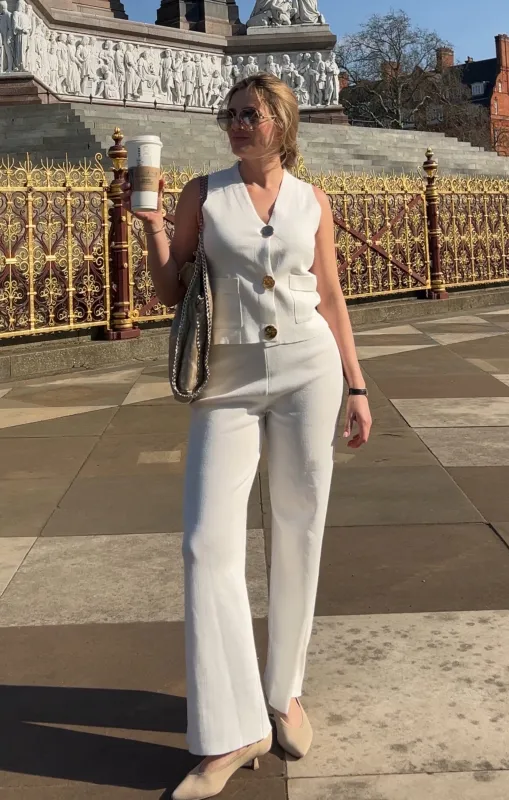 Cream Knitted Sleeveless Waistcoat With Wide Leg Trouser Co Ord Set - Natalia made by Femme Luxe