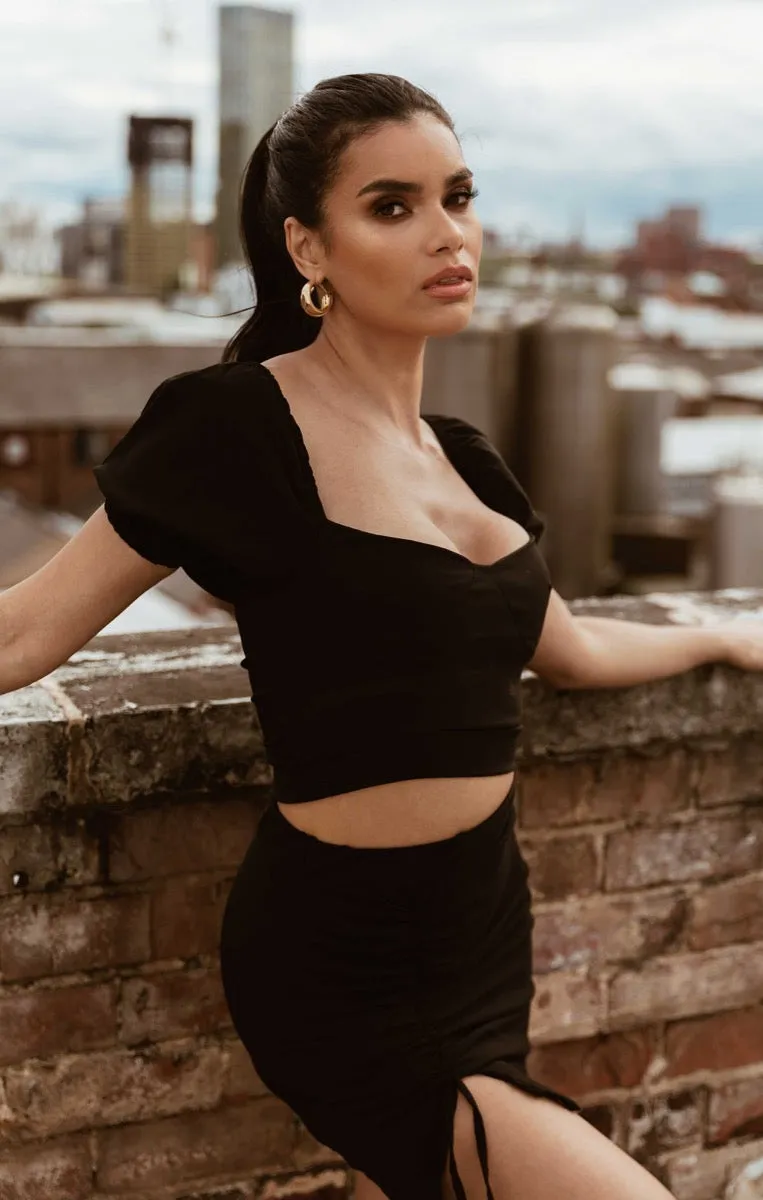 Black Short Puff Sleeve Crop Top Bodycon Mini Skirt Co-ord - Gema sold by Femme Luxe product image thumbnail 4