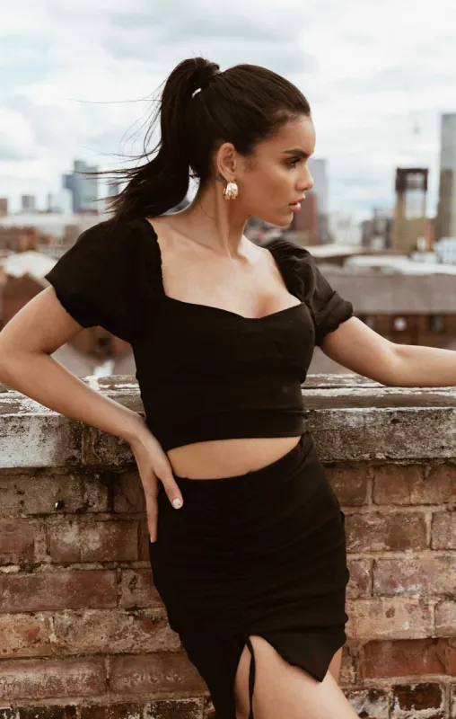 Black Short Puff Sleeve Crop Top Bodycon Mini Skirt Co-ord - Gema made by Femme Luxe