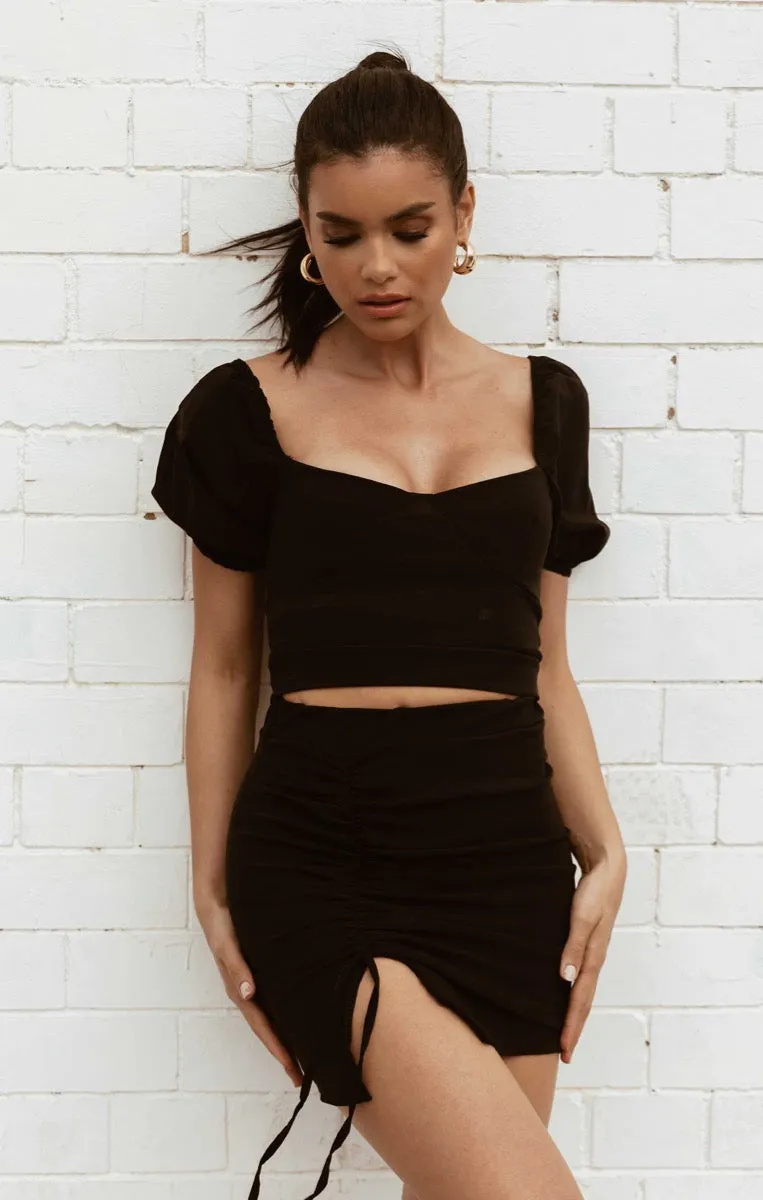 Black Short Puff Sleeve Crop Top Bodycon Mini Skirt Co-ord - Gema sold by Femme Luxe product image thumbnail 3