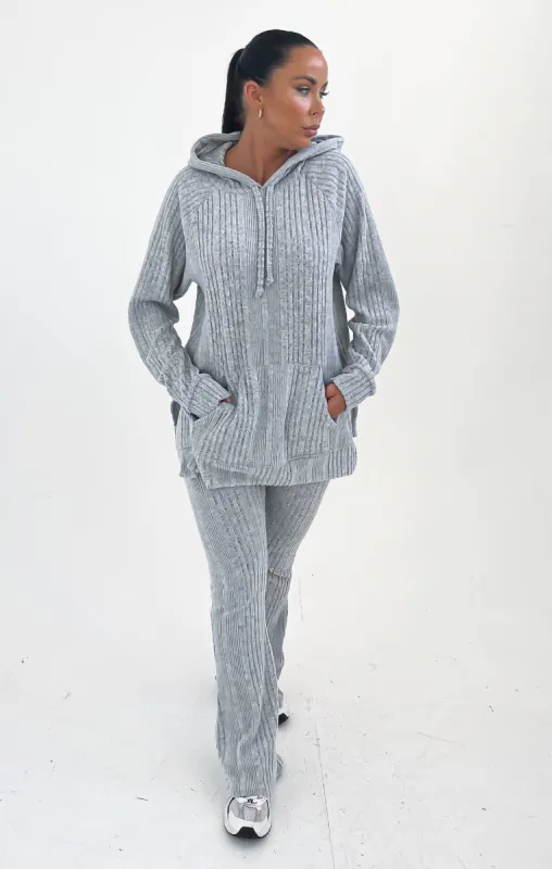 Grey Ribbed Knitted Front Pocket Pullover Hoodie Flared Leg Loungewear Set - Ivy sold by Femme Luxe